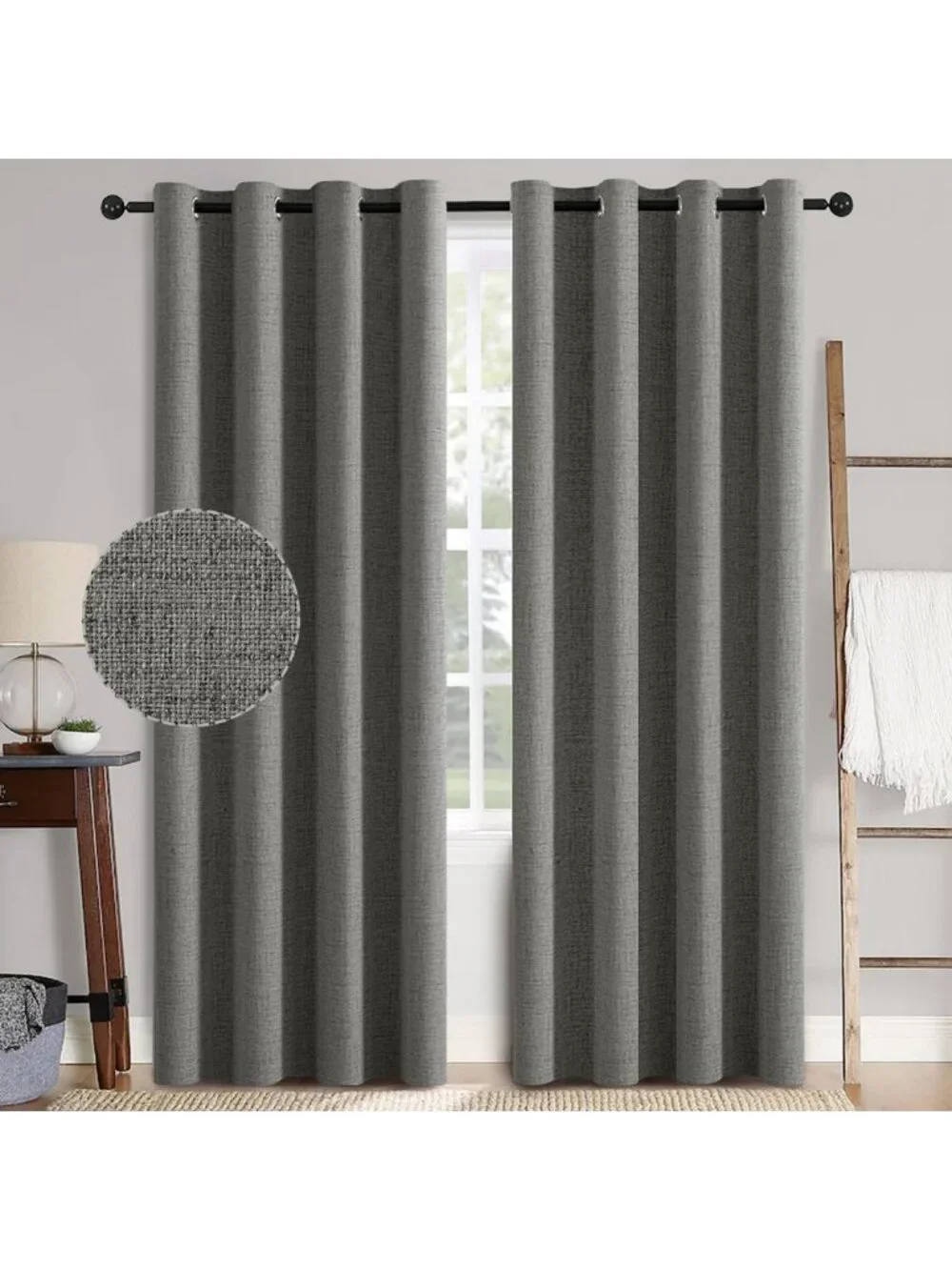 100% Blackout Linen Curtains for Bedroom, Dark Grey, 52x84 Inches, Room